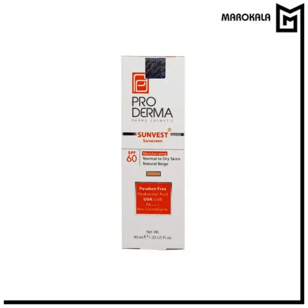 کرم ضدآفتاب مرطوب کننده SPF60% رنگی پرودرما مدل پوست نرمال تا خشک حجم 40 میلی لیتر (عمده)